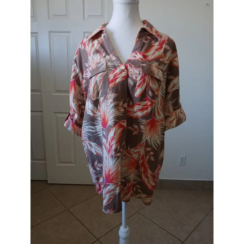 Jaclyn Smith‎ Blouse XXL /EEG Multicolored Floral tropical print linen blend